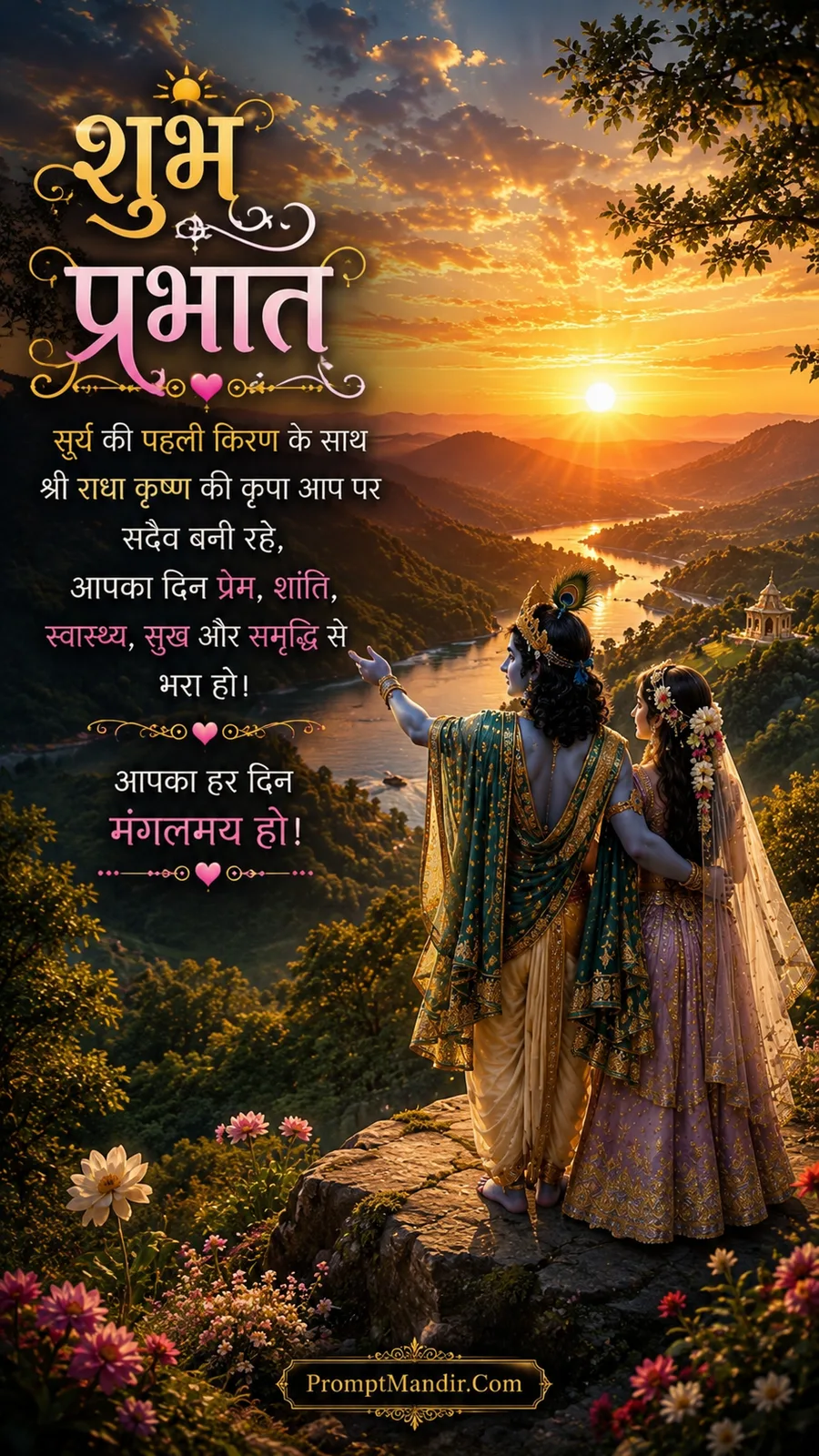 Radha and Krishna standing together on a hilltop, pointing towards the rising sun over a winding river valley