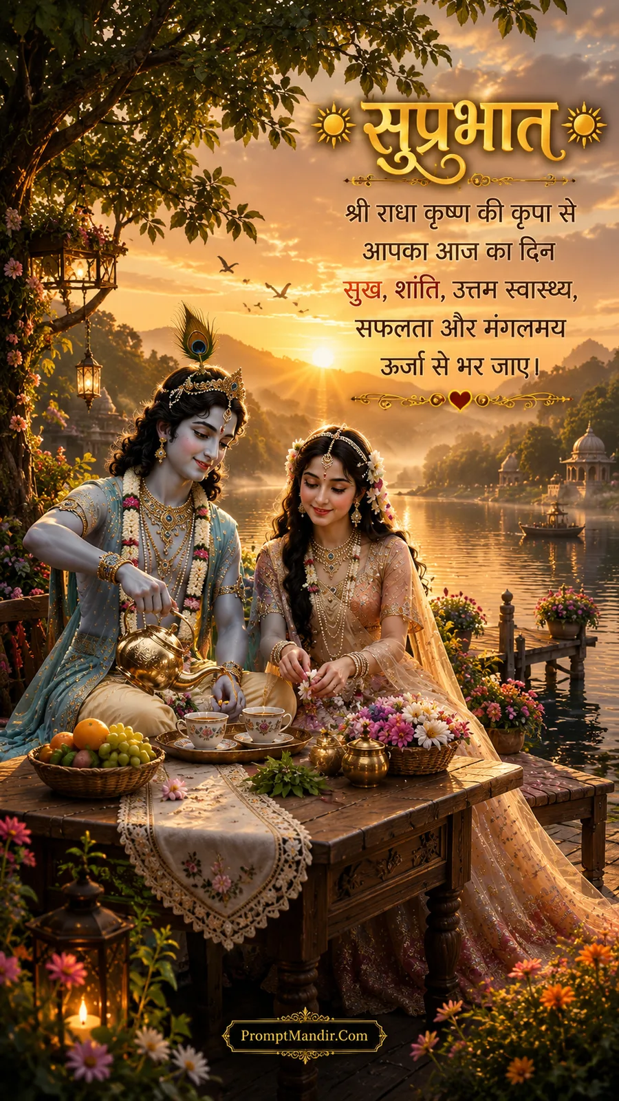 Radha and Krishna enjoying morning tea at a wooden table by a lake at sunrise