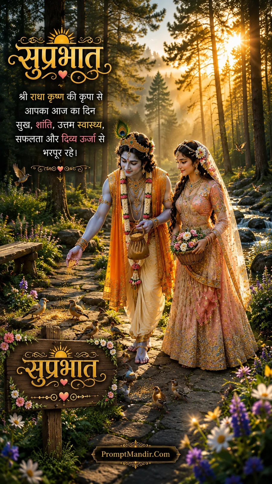 Radha and Krishna walking through a sunlit forest path, feeding grains to little birds, with a Shubh Prabhat message
