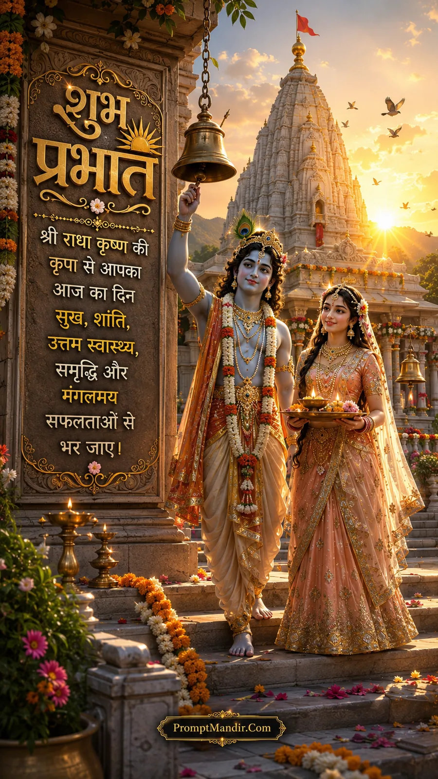 Radha and Krishna standing on temple steps at sunrise, with Krishna ringing a bell and Radha holding a puja thali
