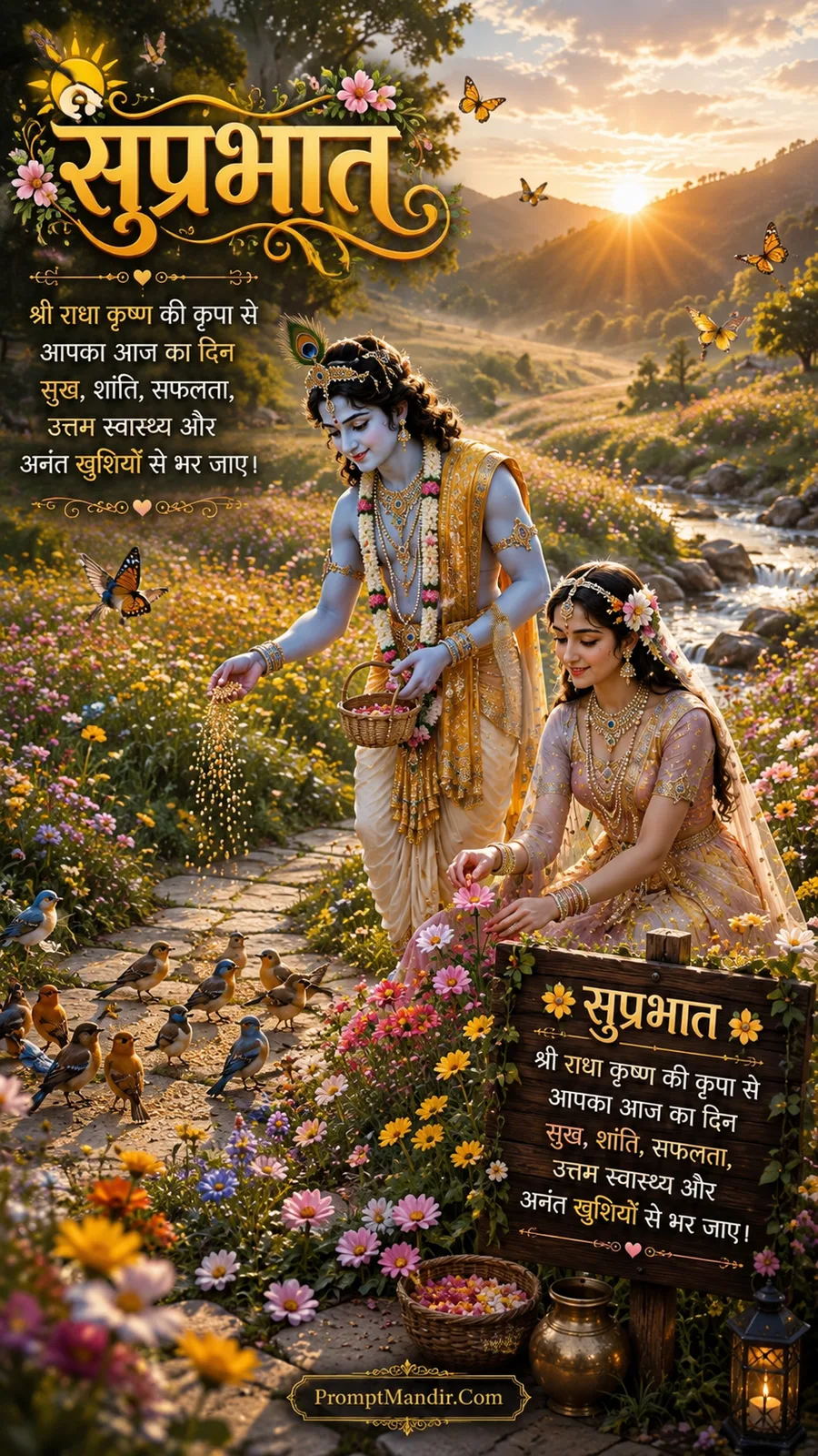 Radha and Krishna in a blooming garden at sunrise, with Krishna scattering flower petals and Radha smiling