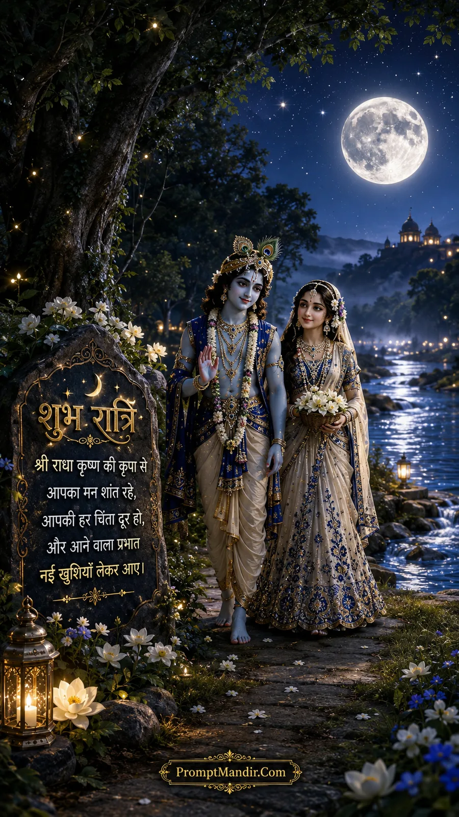 Lord Krishna blessing and Goddess Radha holding a flower basket, walking on a moonlit path by a river with a Shubh Ratri message