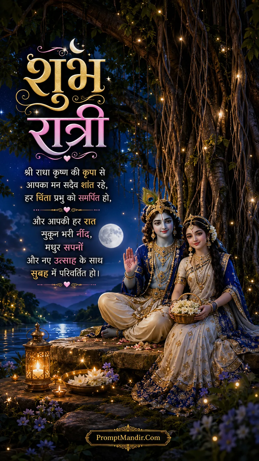 Radha and Krishna sitting together under a banyan tree by a lake at night, with a Good Night message and a glowing lantern