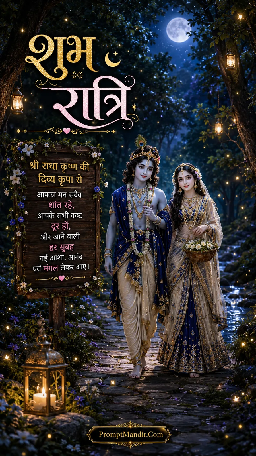 Radha and Krishna walking through a magical forest path at night, with a Shubh Ratri message on a wooden signboard