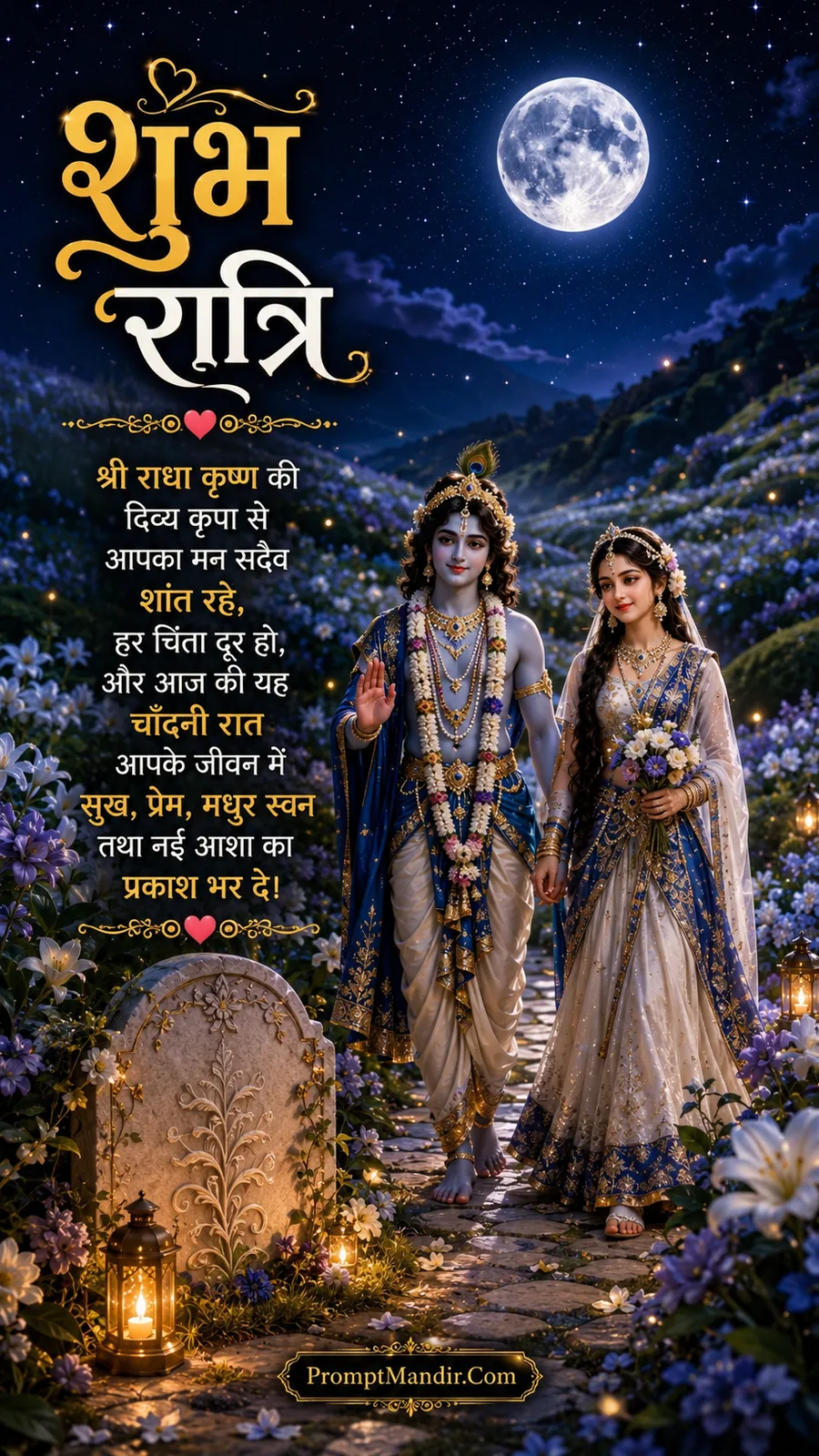 Radha and Krishna walking through a garden of blooming blue and purple flowers under a full moon, with a Good Night message