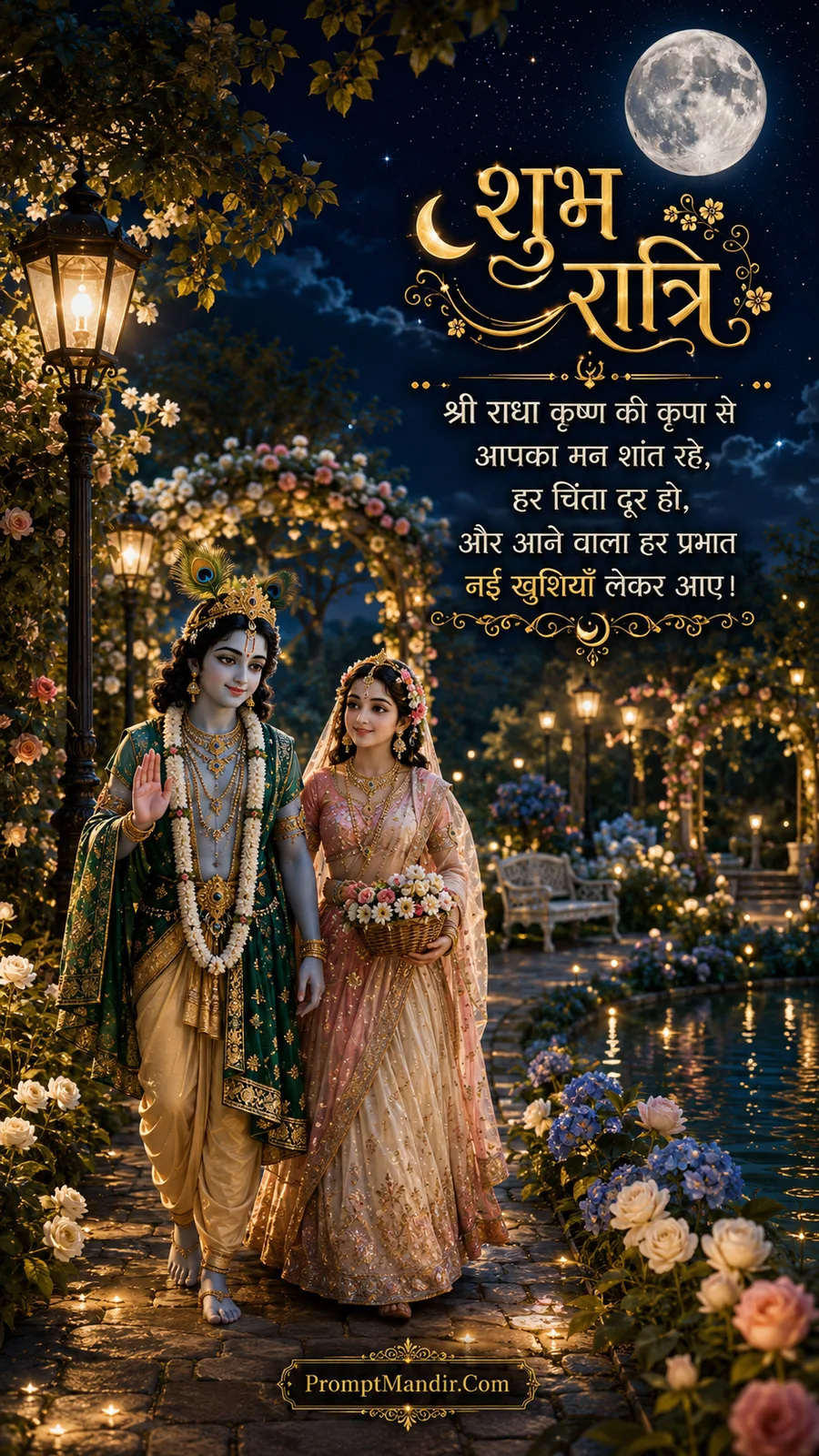 Radha and Krishna walking through a romantic rose garden at night, with a Shubh Ratri message and a street lamp