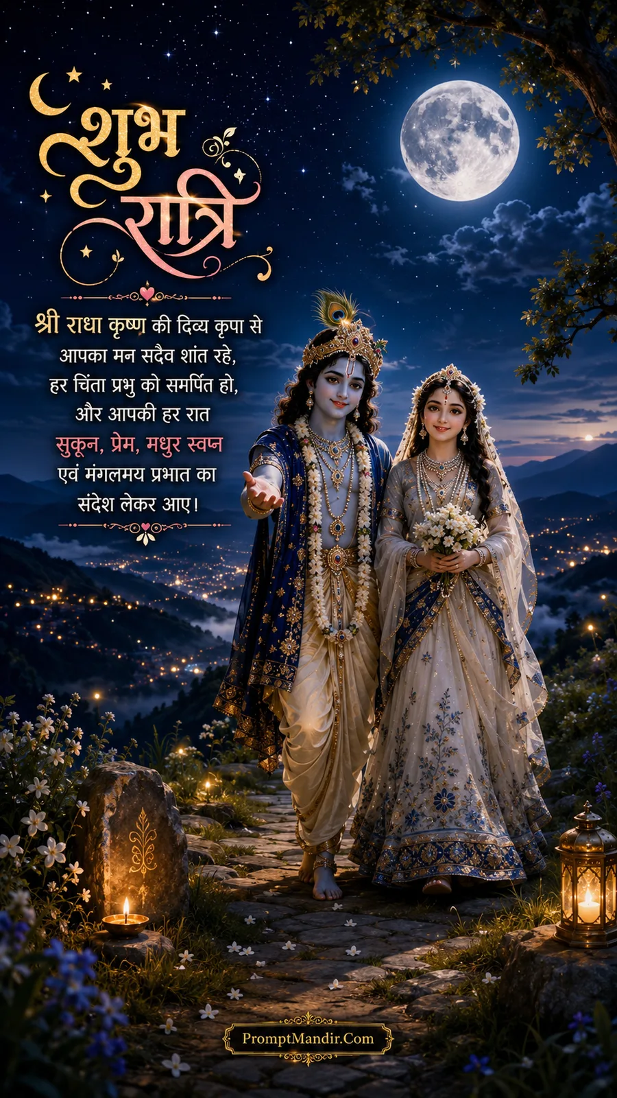 Radha and Krishna standing on a hilltop at night with a city of lights and a full moon in the background, with a Shubh Ratri message