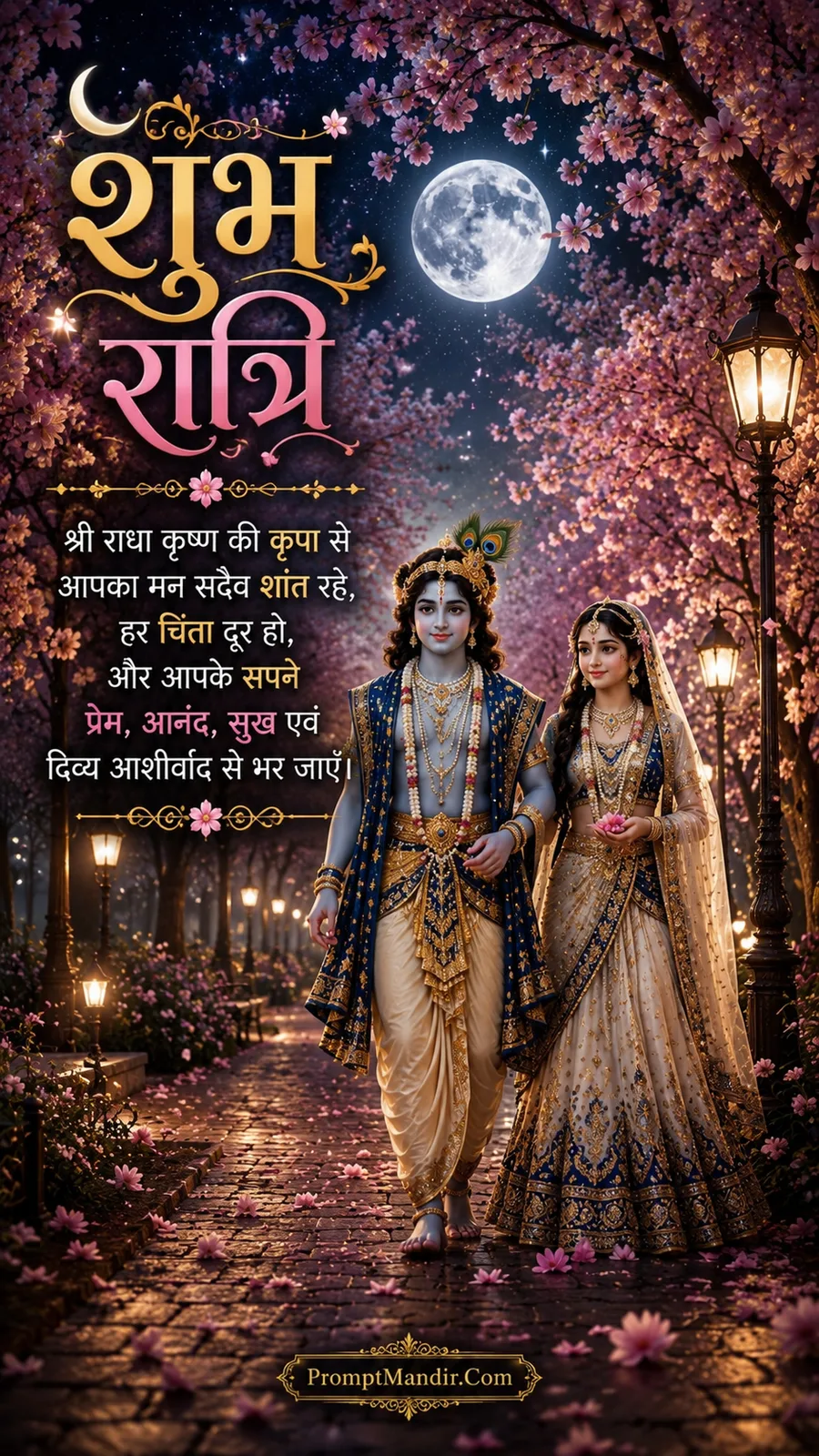 Radha and Krishna walking through a path of blooming pink cherry blossom trees at night, with a Shubh Ratri message