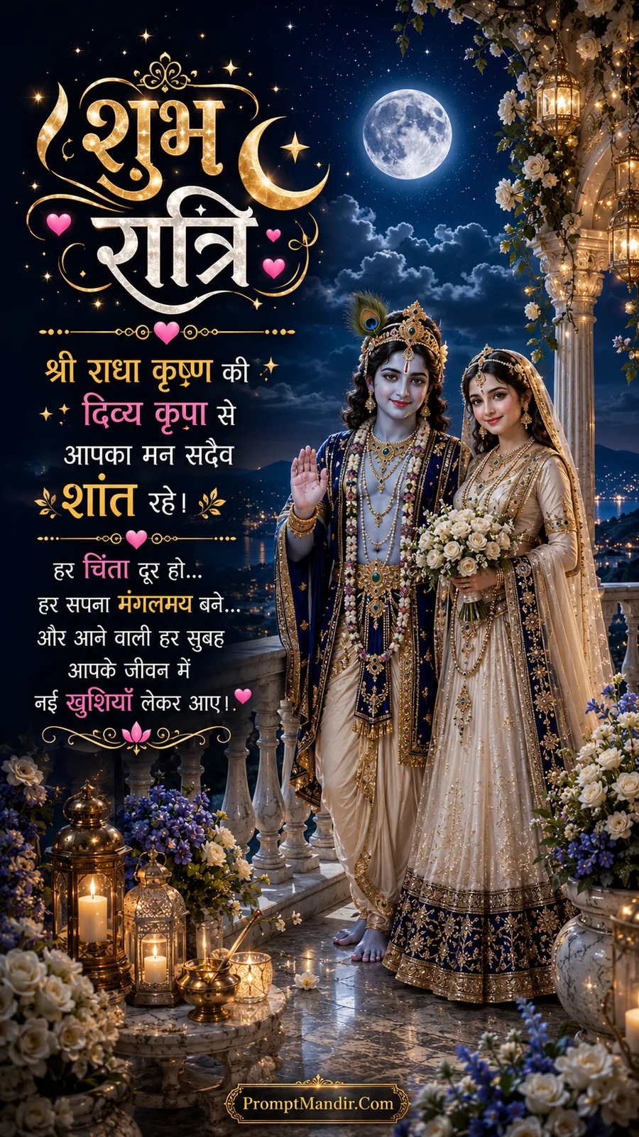 Radha and Krishna standing together on a beautiful marble balcony at night, with a full moon and a Shubh Ratri message