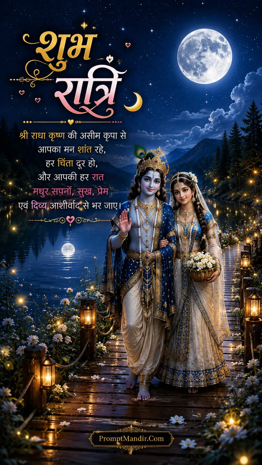 Radha and Krishna standing on a wooden bridge over a crystal-clear lake at night, with a Shubh Ratri message