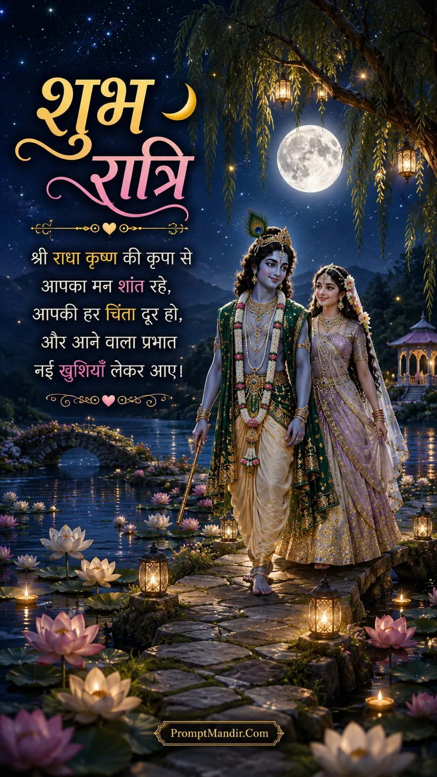 Radha and Krishna walking along a path through a lotus pond under a full moon, with a Shubh Ratri message