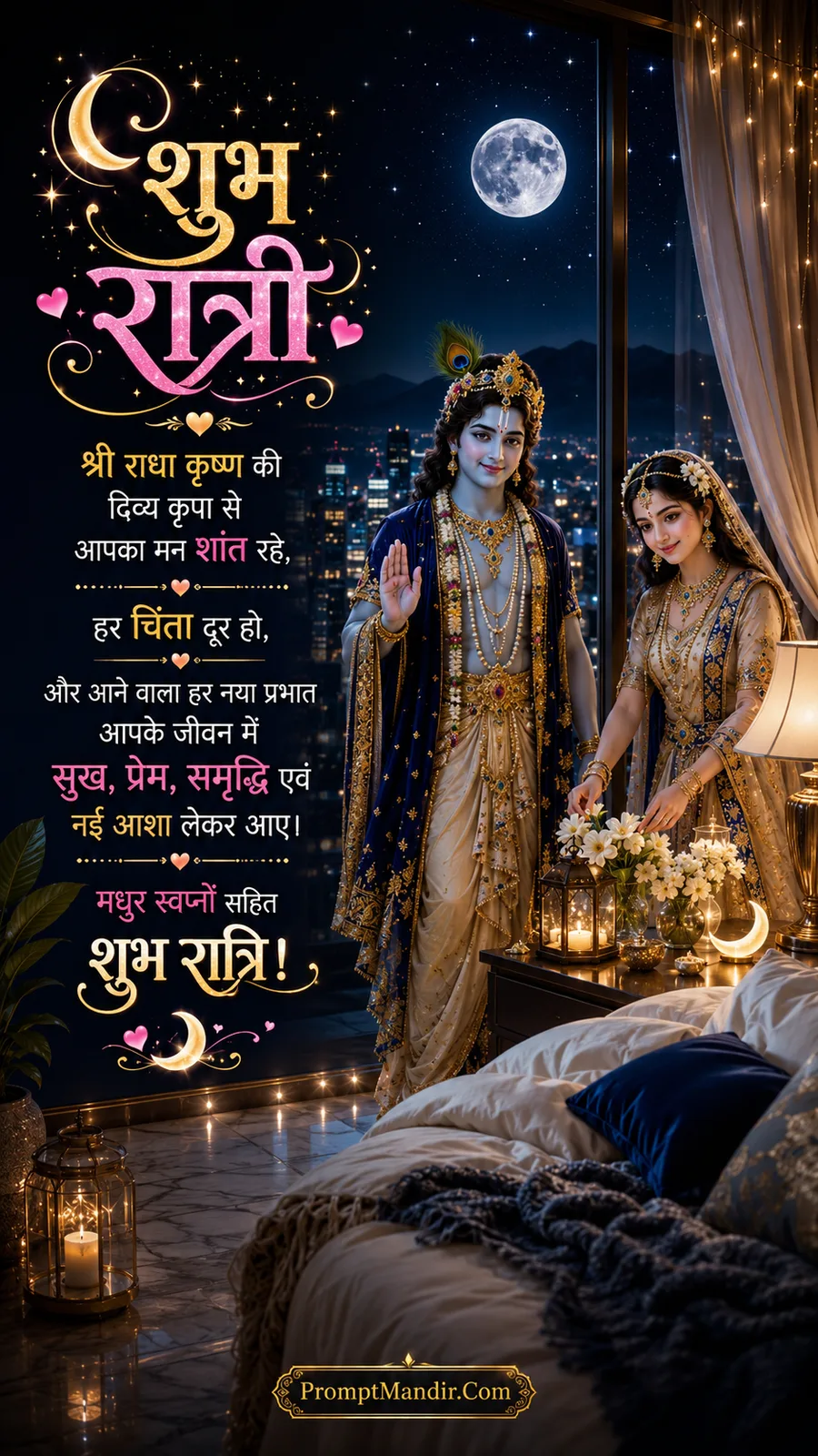 Radha and Krishna standing in a modern bedroom at night, with a full moon visible through the glass window and a Good Night message