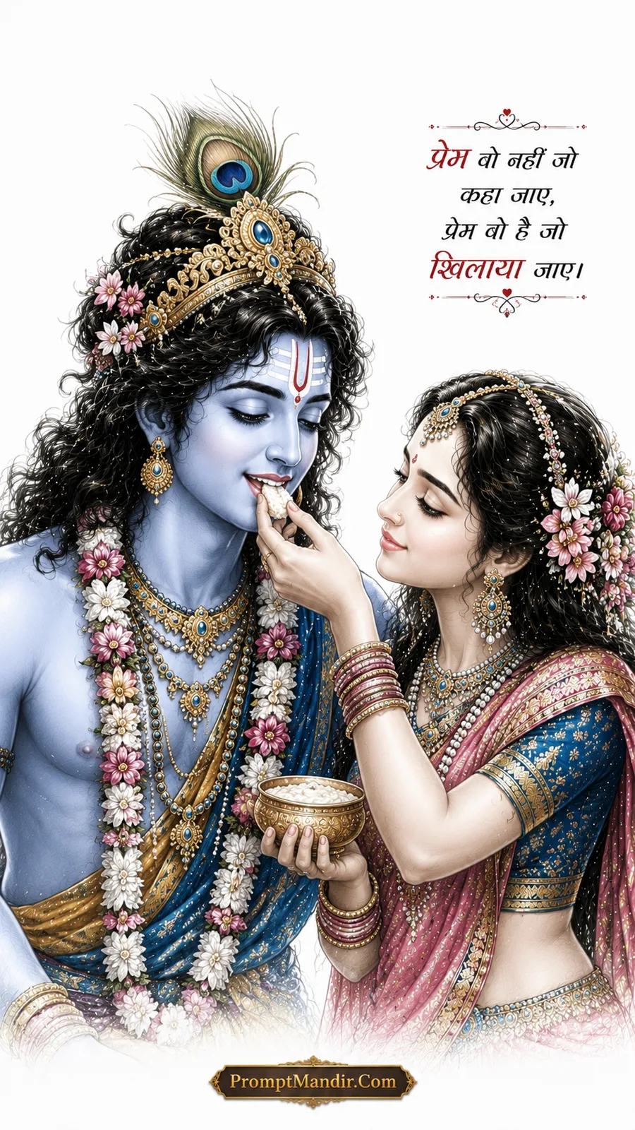Romantic sketch-style portrait of Radha feeding a sweet bite to Krishna, with a red Hindi quote about love and care