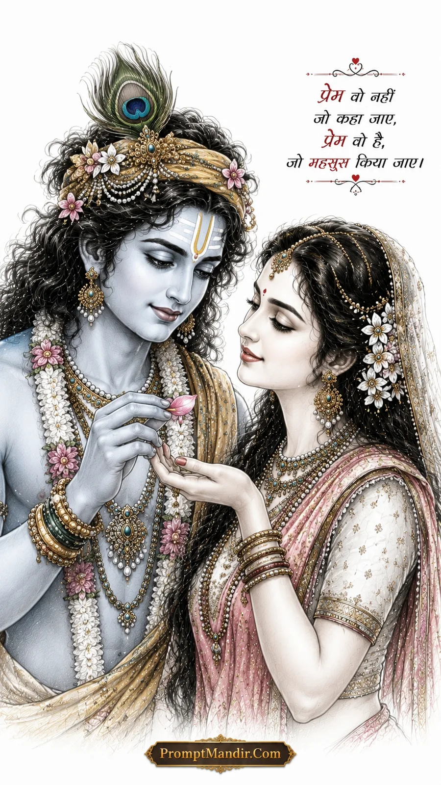 Romantic sketch-style artwork of Krishna gently placing a pink lotus flower into Radha's open hand