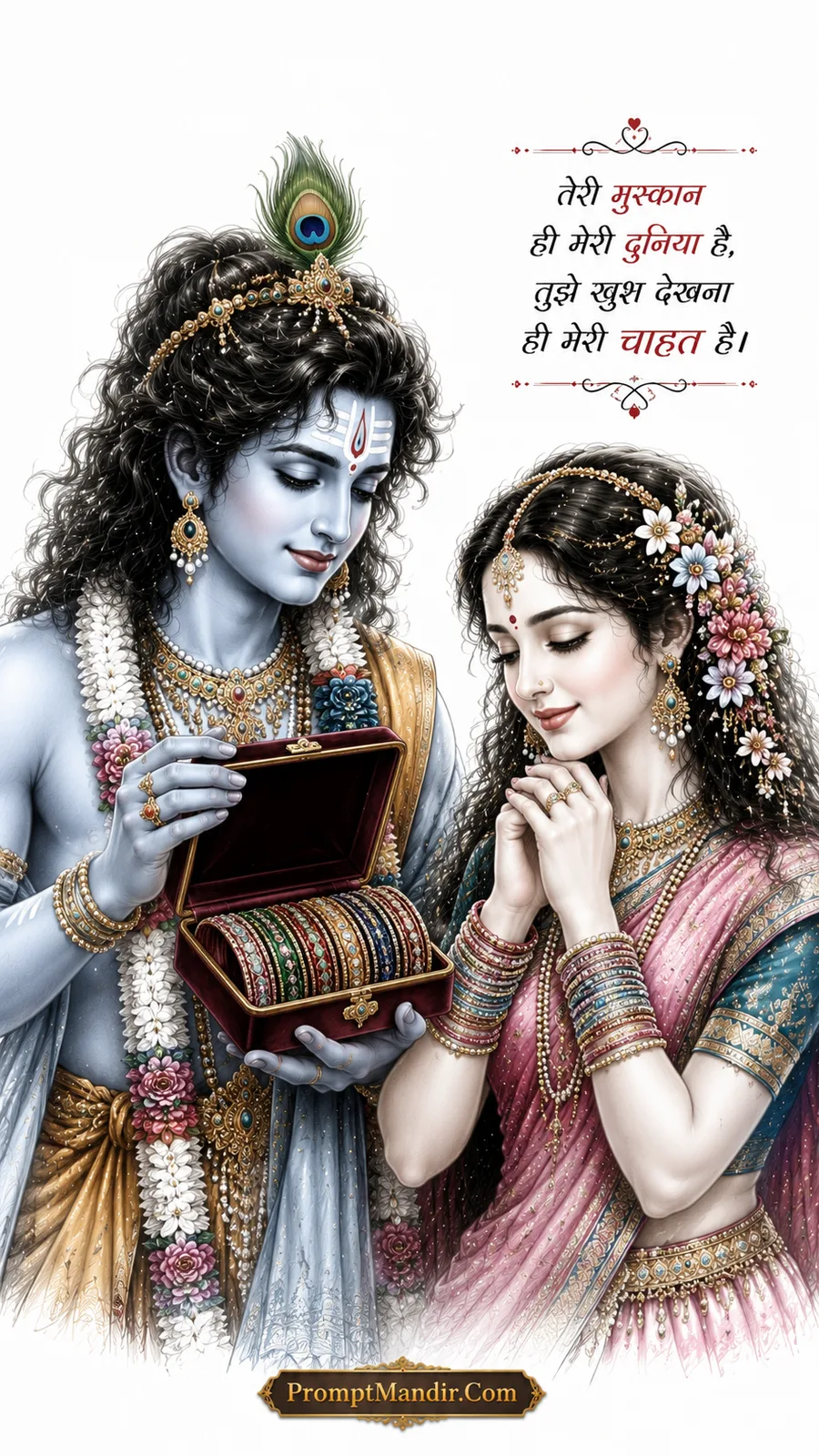 Romantic sketch-style artwork of Krishna presenting a box of colorful bangles to a delighted Radha