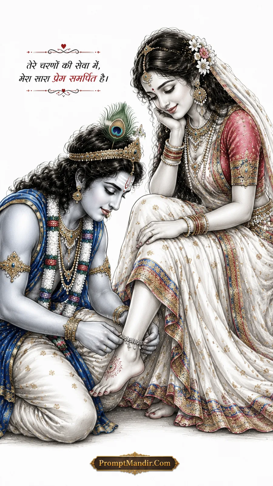 Romantic sketch-style artwork of Krishna kneeling to tie an anklet (payal) on Radha's foot