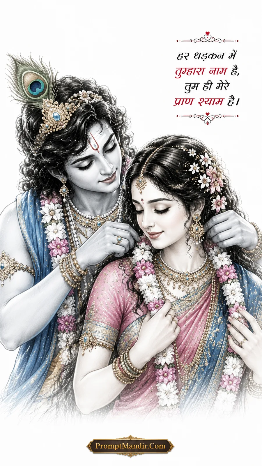 Romantic sketch-style artwork of Krishna placing a flower garland around Radha's neck