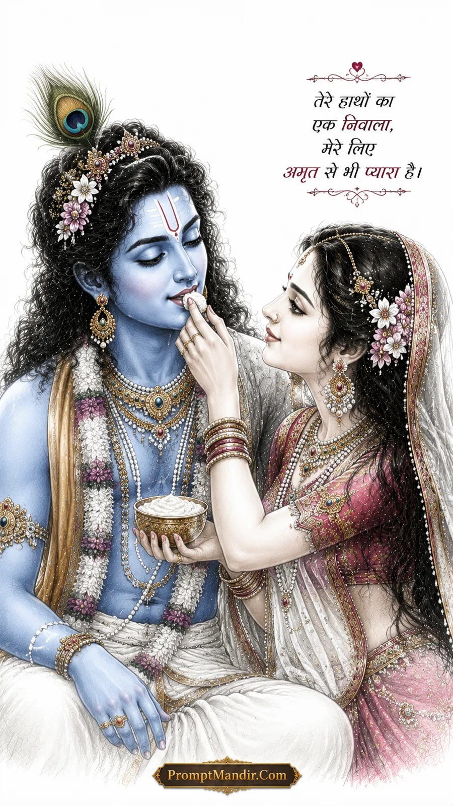 Romantic sketch-style artwork of Radha offering a sweet bite to Krishna as he closes his eyes in bliss