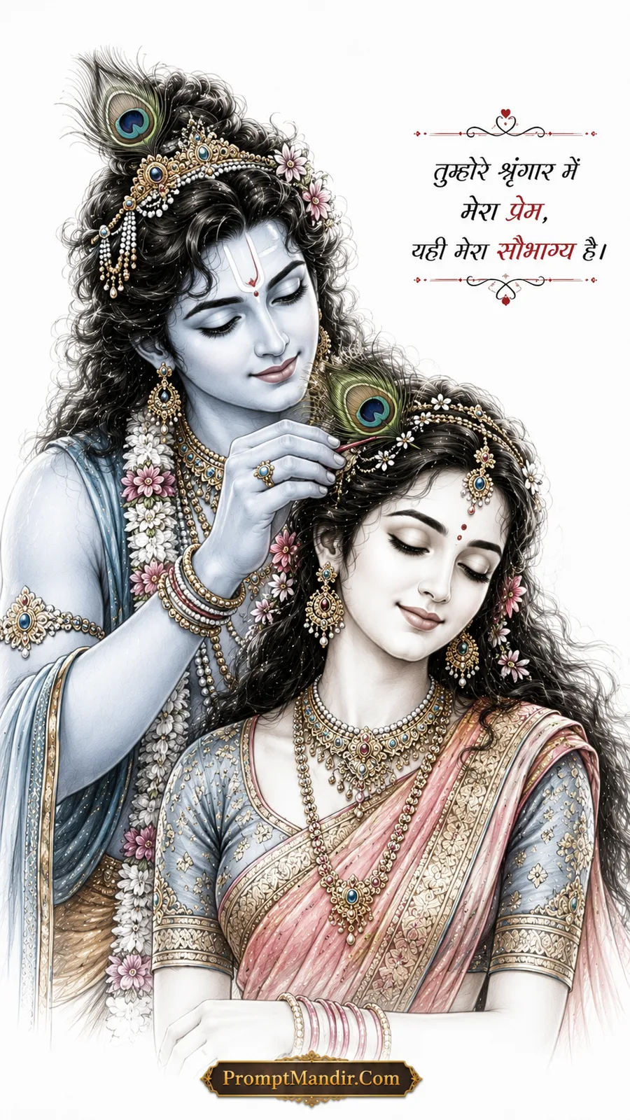 Romantic sketch-style artwork of Krishna adorning Radha's hair with a peacock feather