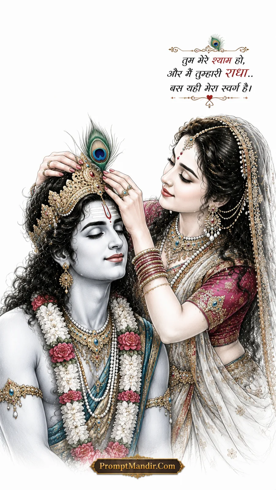 Romantic sketch-style artwork of Radha placing a crown on Krishna's head