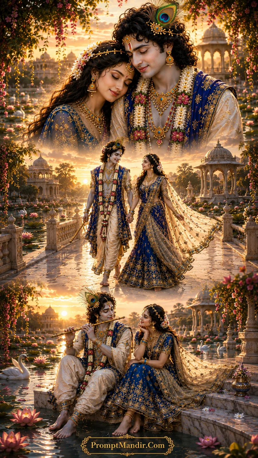 Lord Krishna and Goddess Radha in three divine moments across a golden lotus-filled palace garden with white swans and marble pavilions