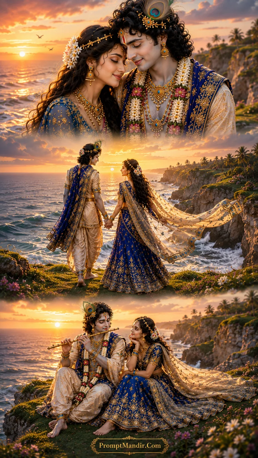 Lord Krishna and Goddess Radha in three divine moments along a dramatic coastal cliff with golden ocean waves and a radiant sunset