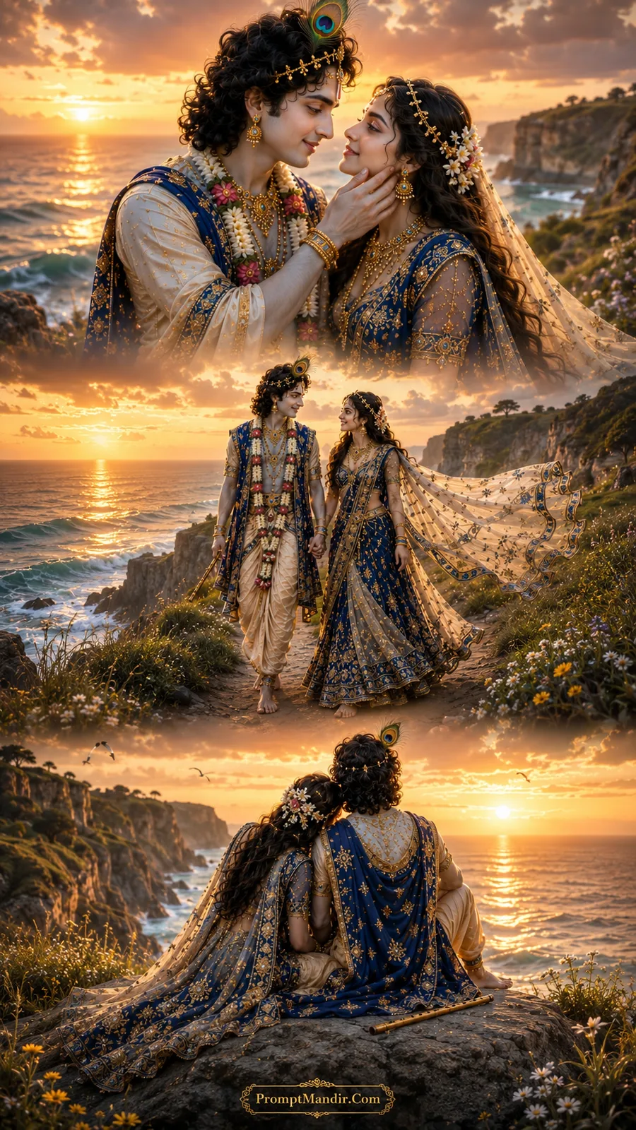 Lord Krishna and Goddess Radha in three divine moments on a rocky coastal cliff with a golden sunset, ocean waves, and beautiful wildflowers