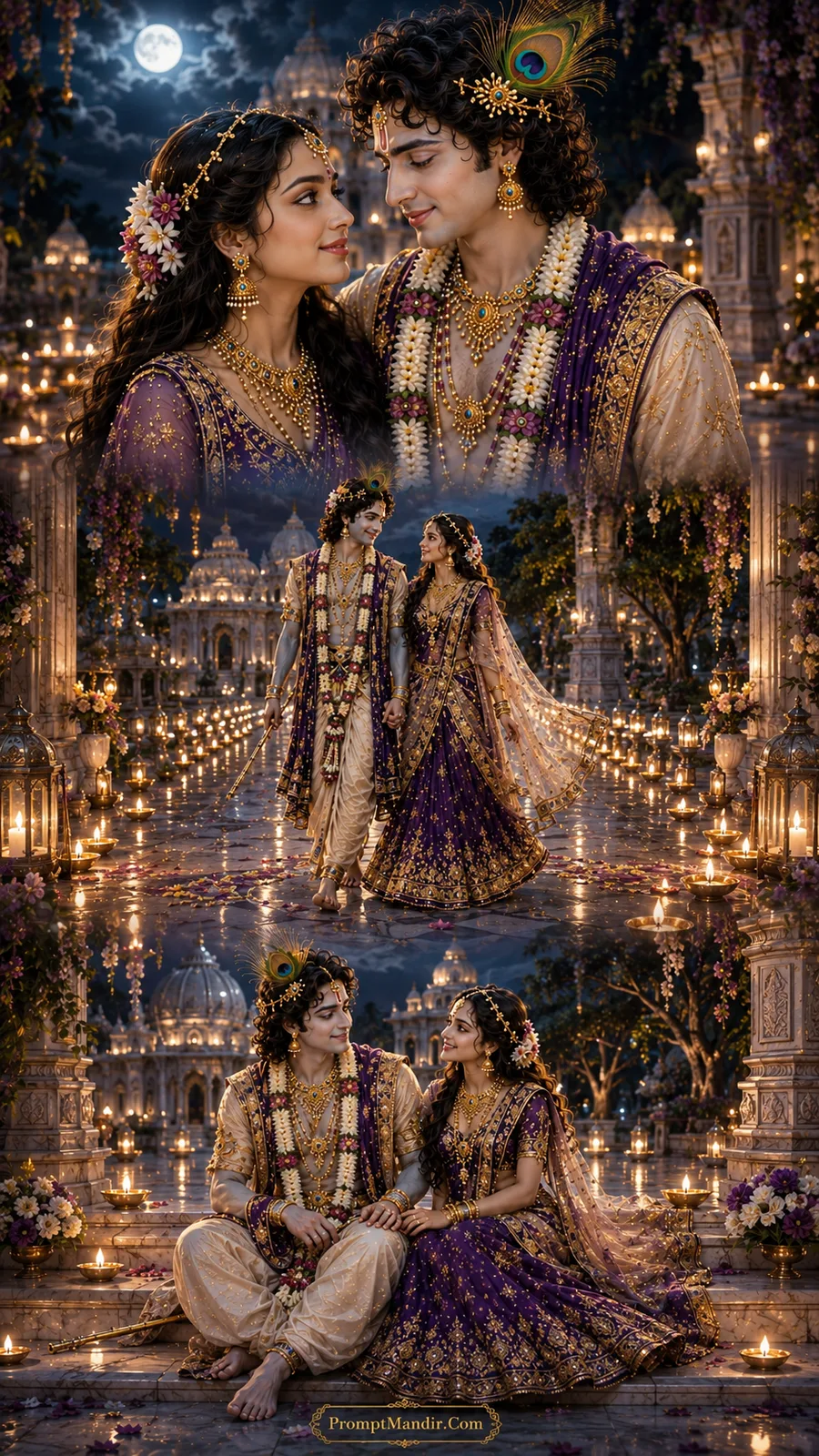 Lord Krishna and Goddess Radha in three divine moments under a full moon in a grand palace courtyard lit by thousands of glowing diyas