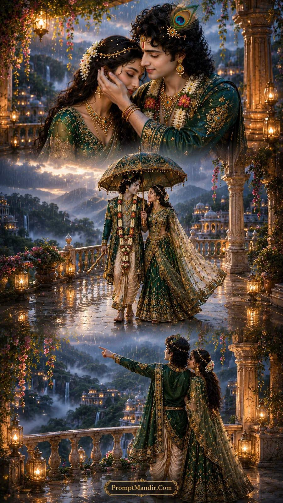 Lord Krishna and Goddess Radha in three divine moments on a rainy palace balcony with an umbrella, overlooking misty mountains and waterfalls