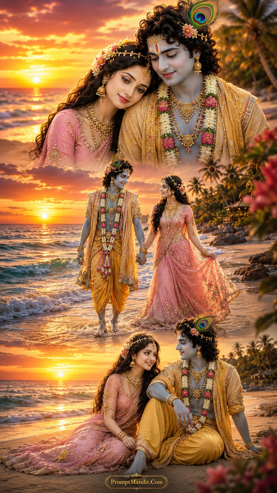 Lord Krishna and Goddess Radha in three divine moments on a golden beach at sunset with palm trees and gentle ocean waves