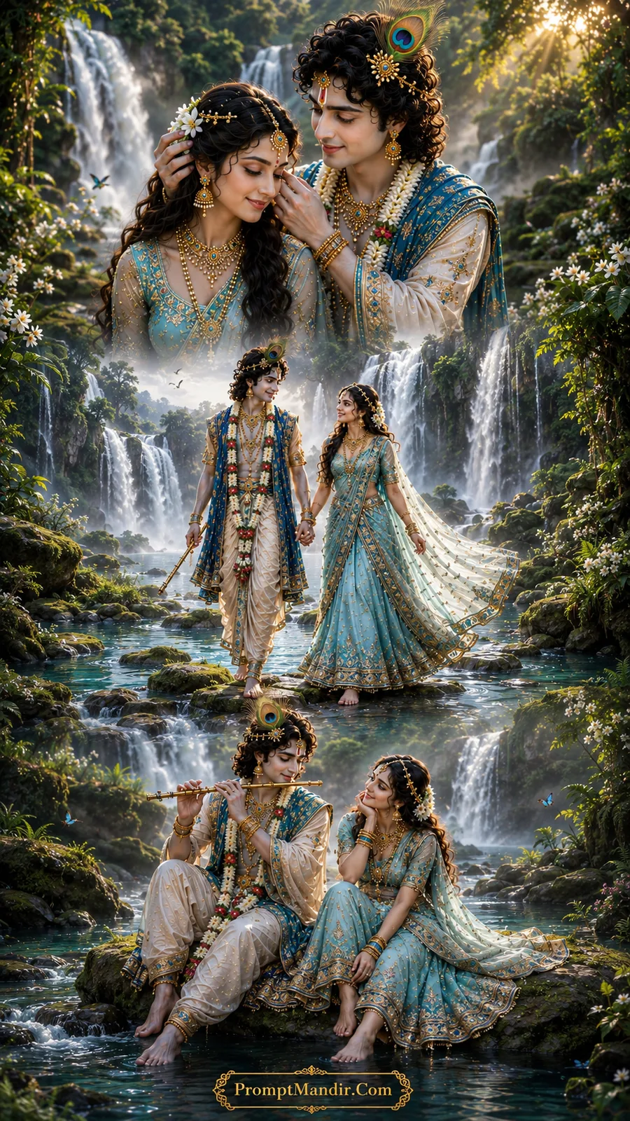 Lord Krishna and Goddess Radha in three divine moments beside a lush green forest waterfall with crystal blue streams and morning sunrays