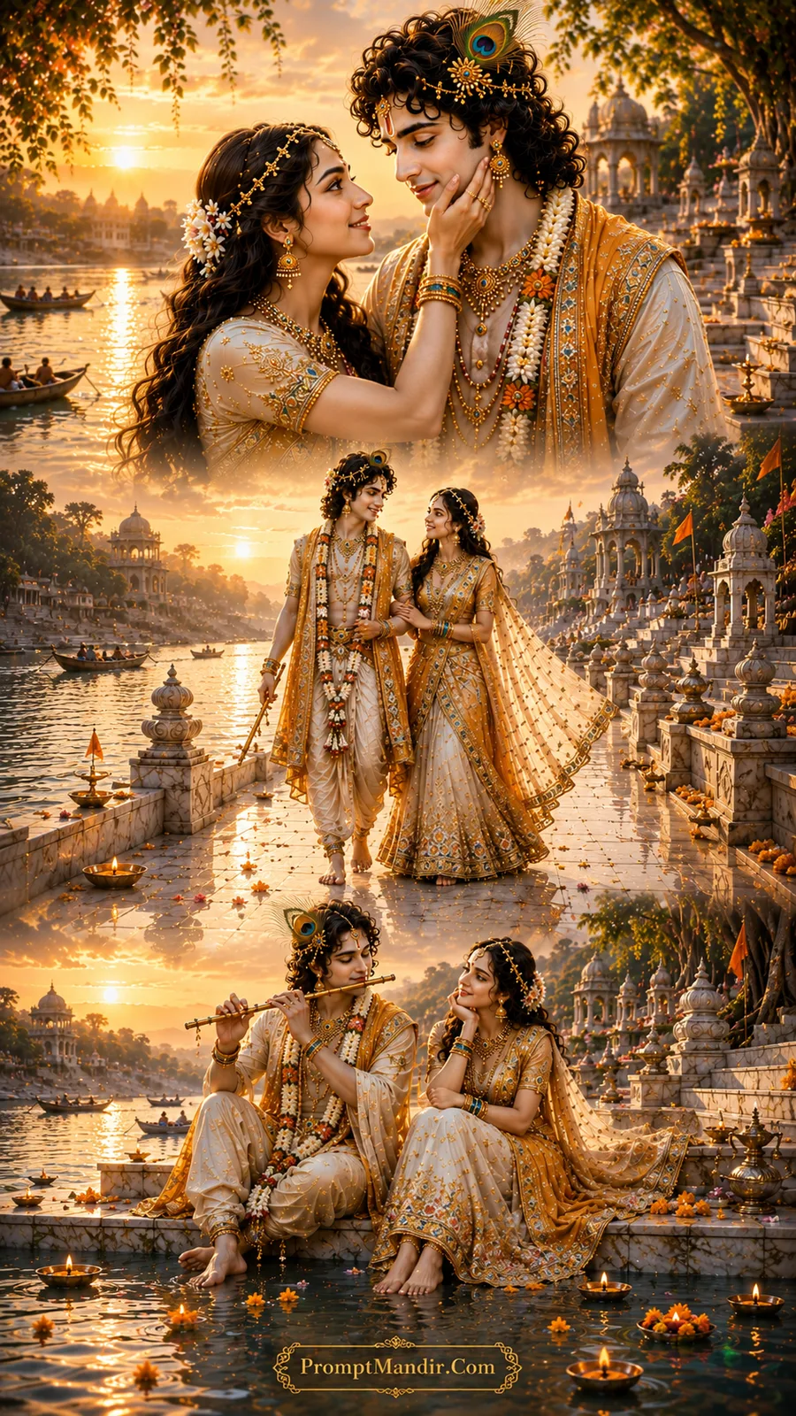Lord Krishna and Goddess Radha in three divine moments beside a sacred river ghat with golden temples, boats, and floating diyas at sunset