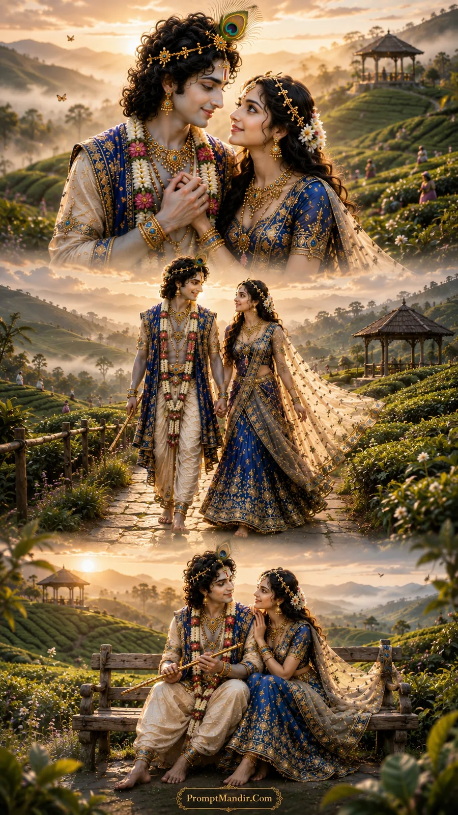 Lord Krishna and Goddess Radha in three divine moments walking through a misty tea garden with a wooden gazebo and rolling green hills at sunrise