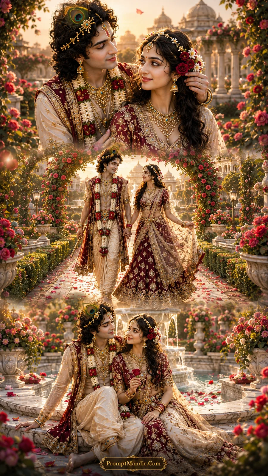 Lord Krishna and Goddess Radha in three divine moments through a magnificent red rose garden with marble fountains, floral arches, and golden sunlight