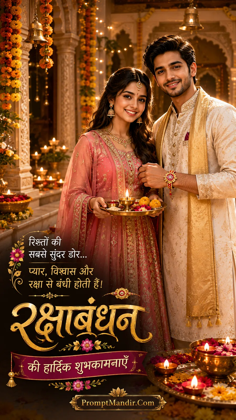 Happy Raksha Bandhan portrait of a brother and sister standing together in a temple courtyard, with her holding a puja thali