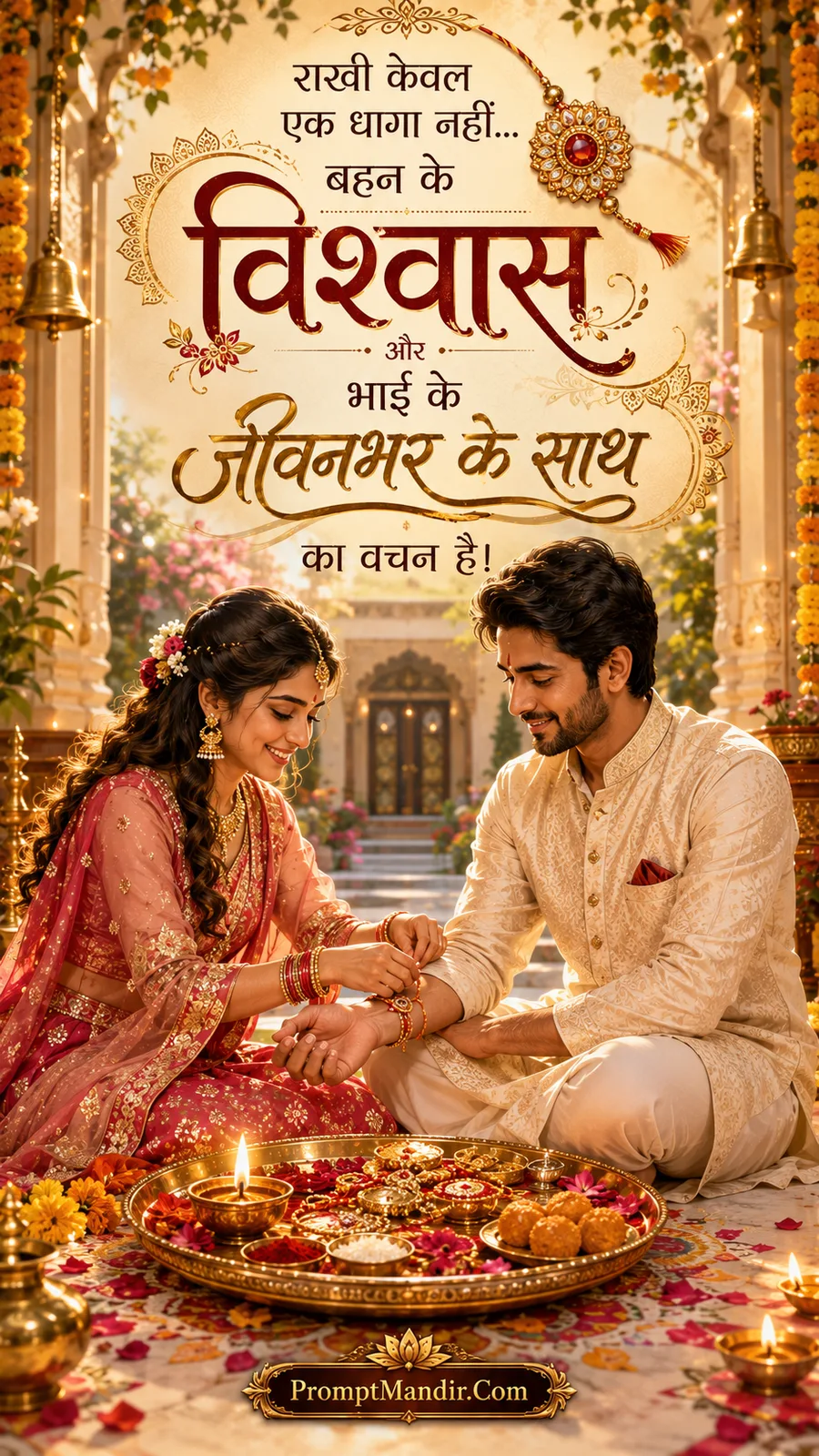 Intimate Raksha Bandhan scene of a sister tying a Rakhi on her brother's wrist while sitting together on the floor