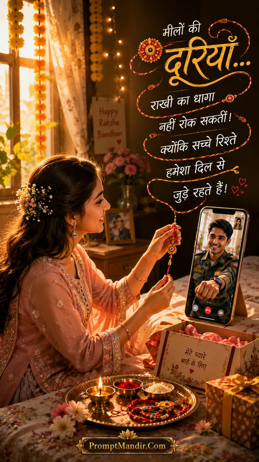 Emotional scene of a sister celebrating Raksha Bandhan virtually via video call with her brother serving in the army