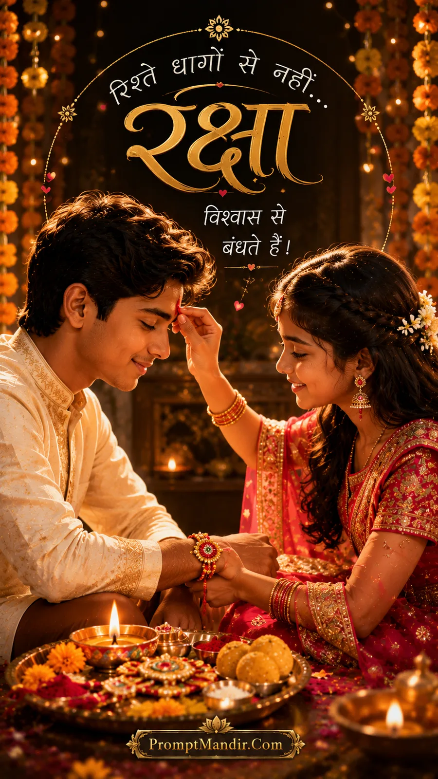 Intimate scene of a sister applying a tilak to her brother's forehead and tying a Rakhi on his wrist
