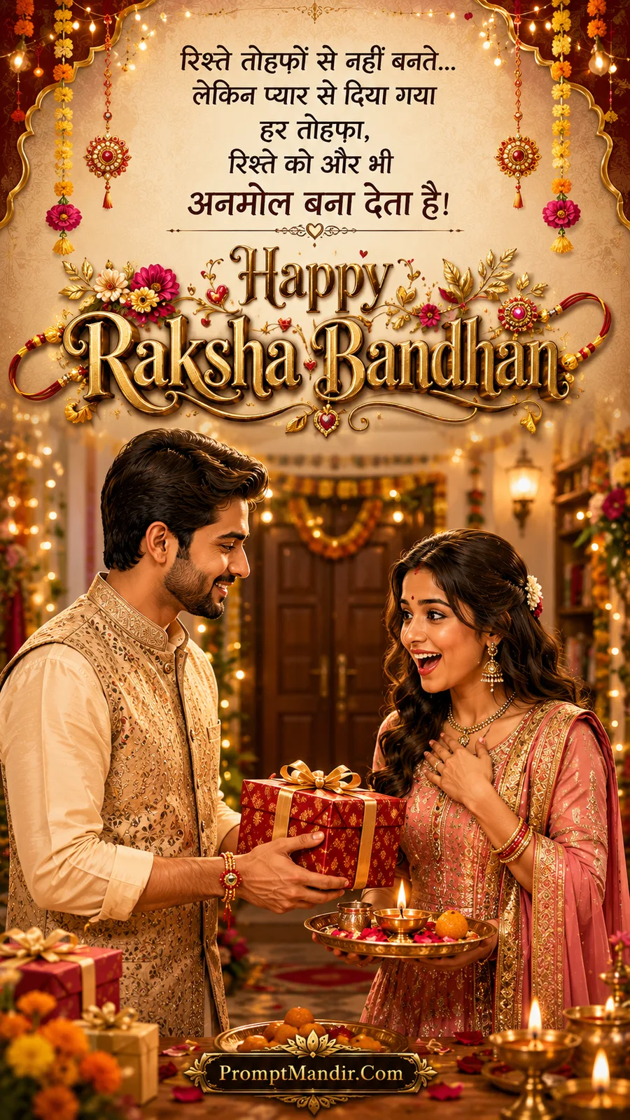 Joyful scene of a brother surprising his sister with a gift on Raksha Bandhan, with a large Happy Raksha Bandhan text above them