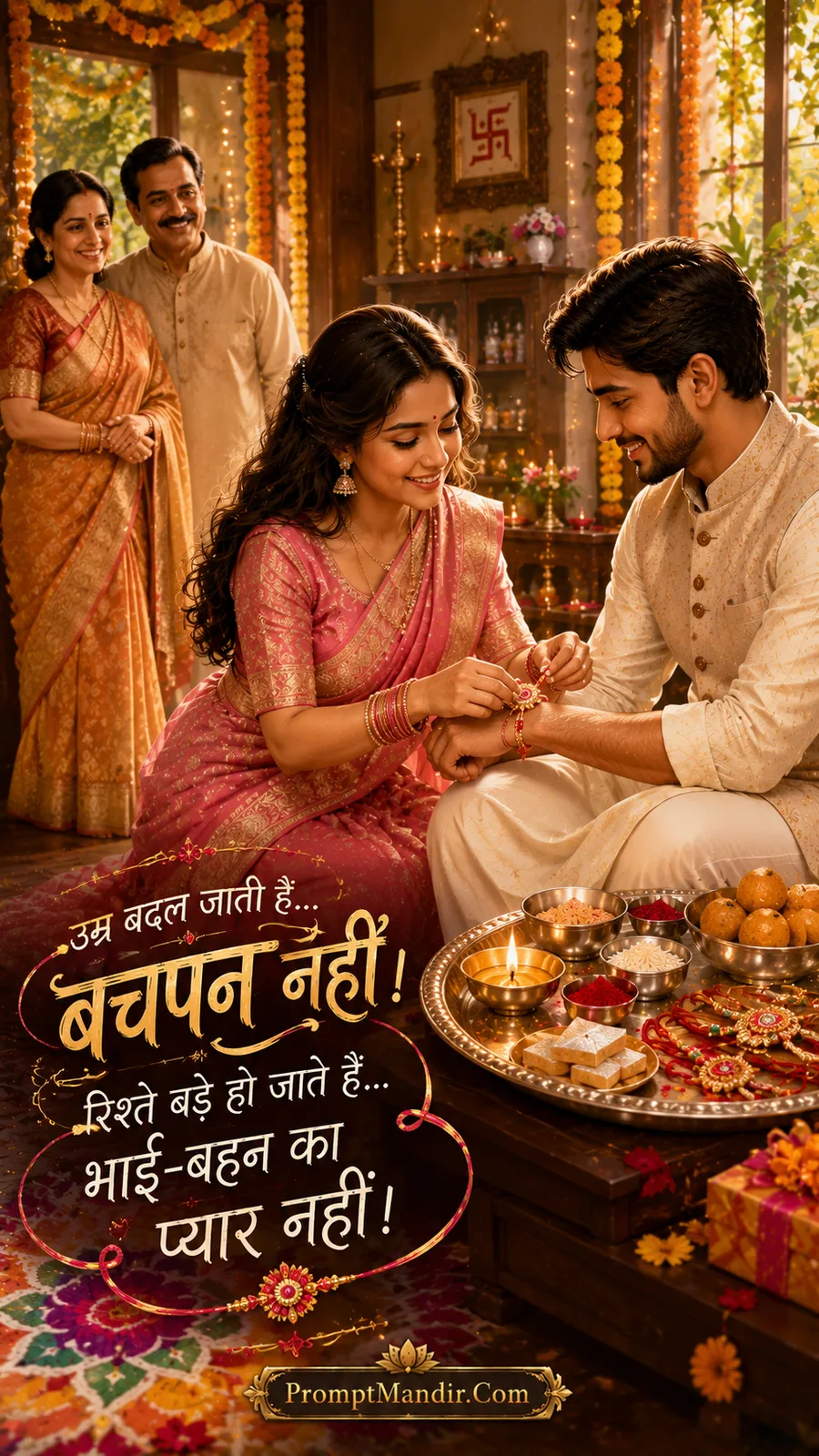 Emotional Raksha Bandhan scene with parents watching lovingly as a sister ties a Rakhi on her brother's wrist