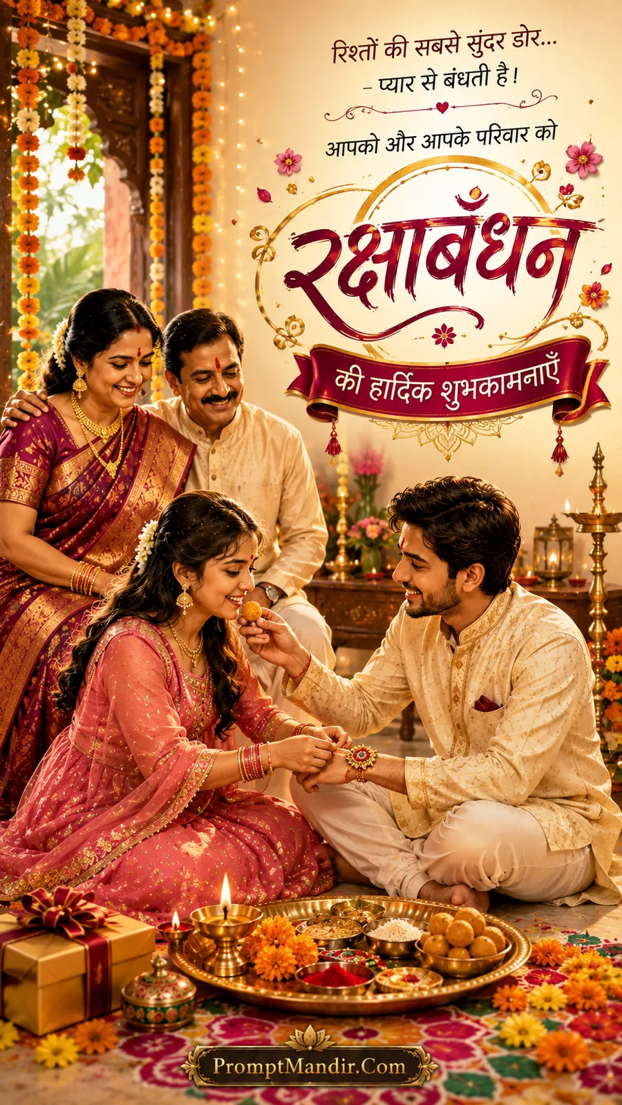 Festive scene of a brother feeding a laddoo to his sister after she ties the Rakhi, with parents watching