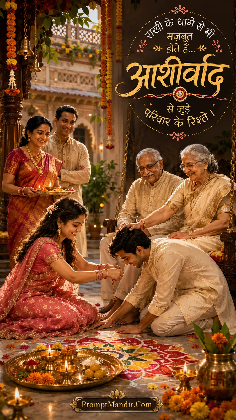 Sacred scene of a brother touching the feet of his elderly parents after tying the Rakhi, seeking their blessings