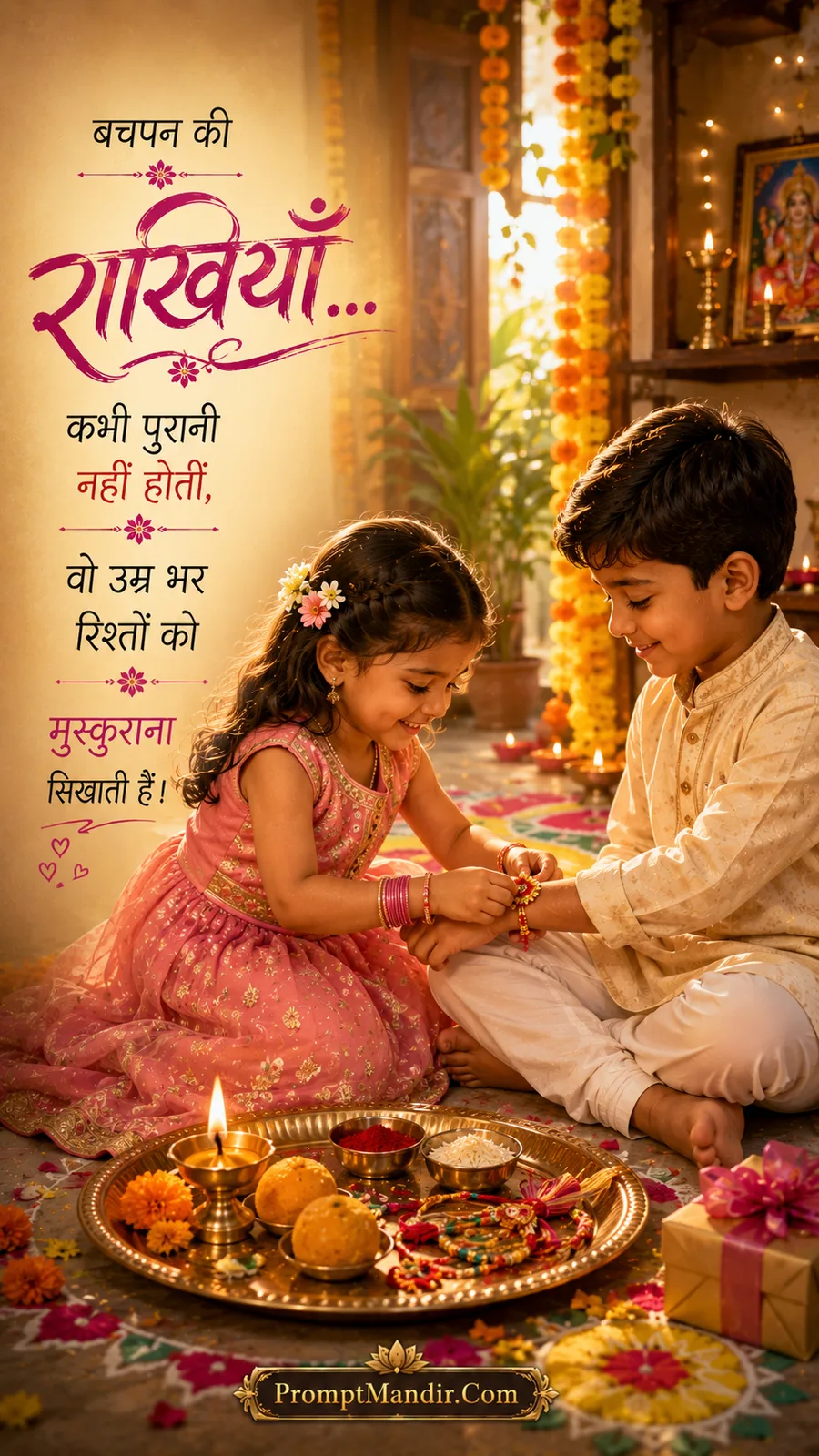 Cute and nostalgic scene of a little brother and sister celebrating Raksha Bandhan together