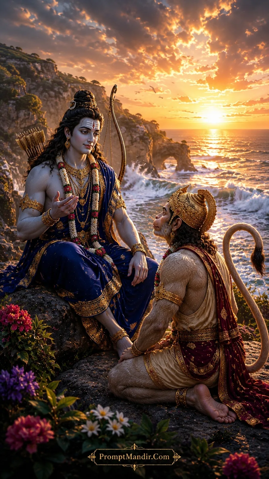 Lord Rama sitting on a coastal rock and talking to a kneeling Hanuman, with a golden ocean sunset and sea arch in the background