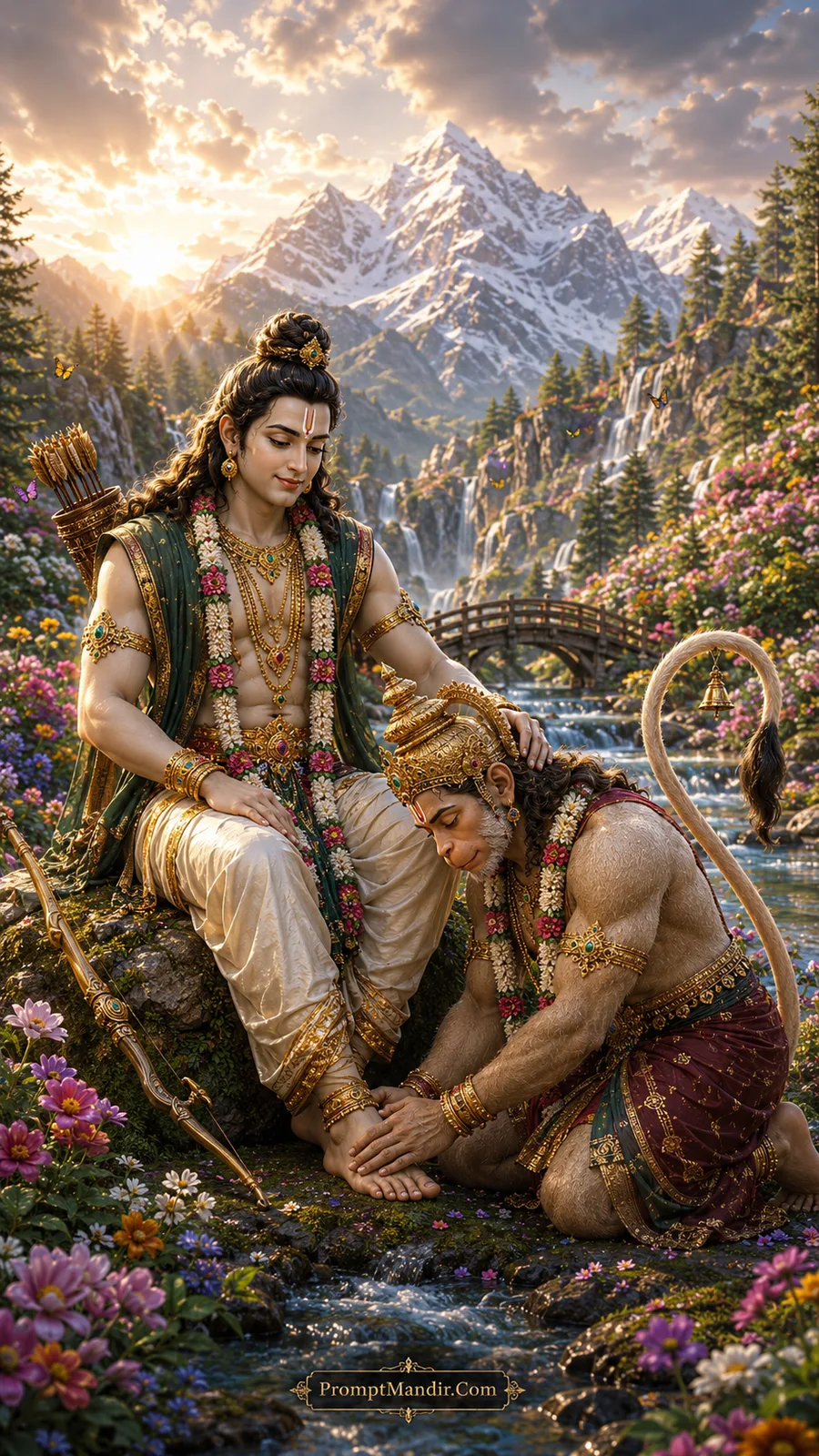 Lord Rama sitting on a rock by a Himalayan stream while Hanuman gently massages his feet, with a snowy peak and bridge in the background