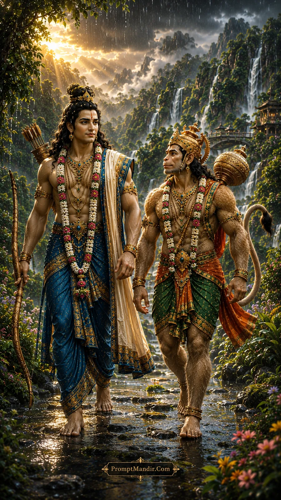 Lord Rama and Hanuman walking side by side through a wet stone path in a lush forest with waterfalls and golden sunrays