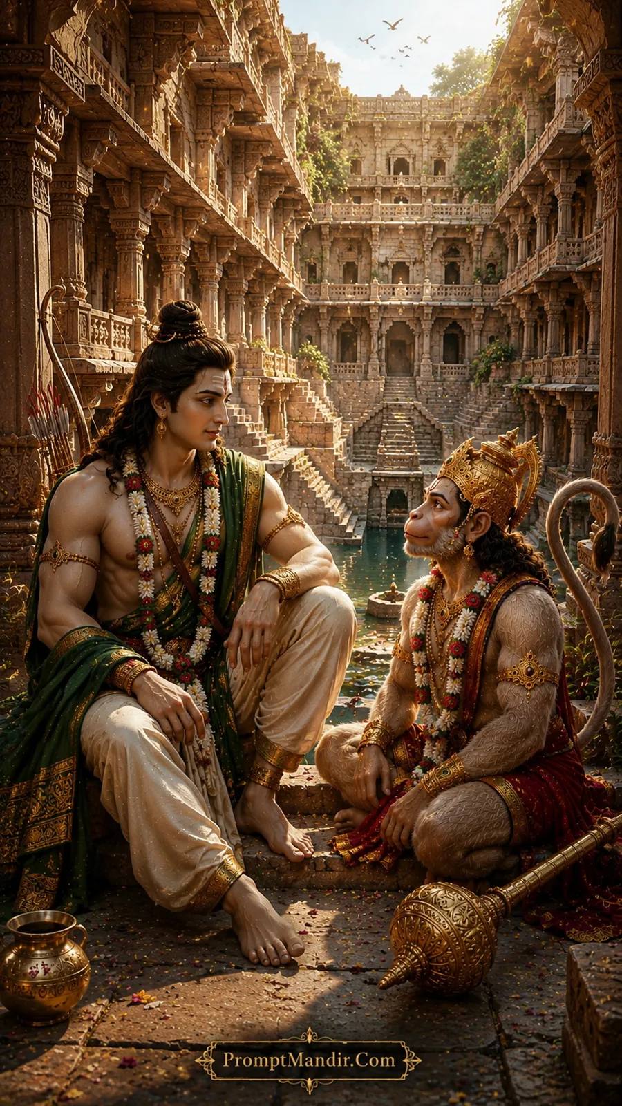 Lord Rama and Hanuman sitting and conversing on the steps of an ancient stepwell (baoli) surrounded by carved stone pillars