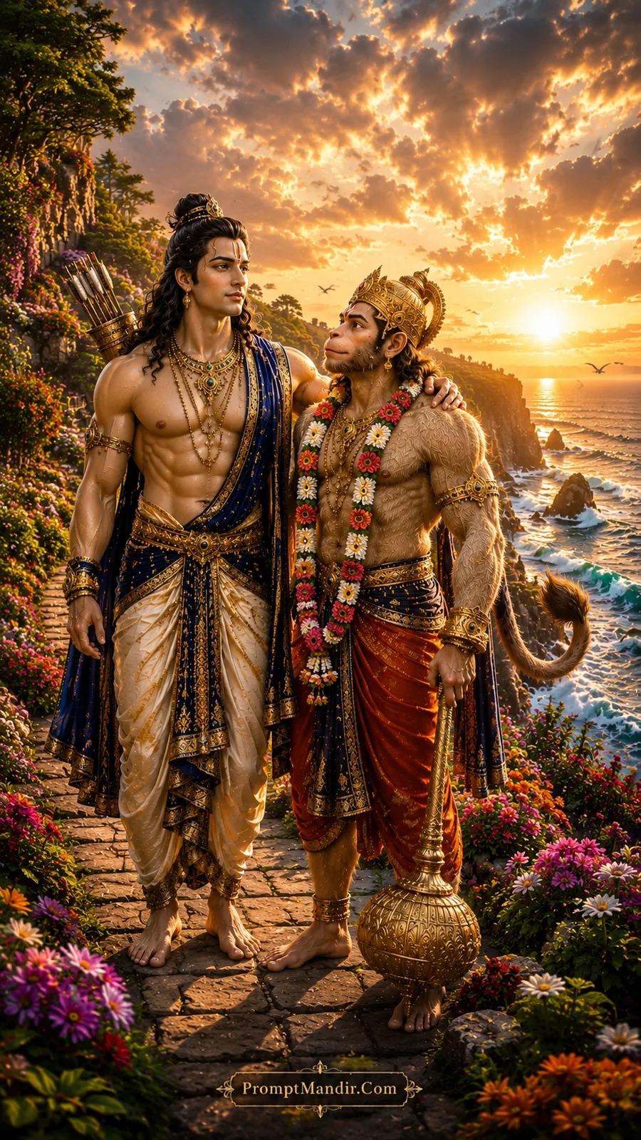 Lord Rama and Hanuman standing together on a coastal cliff path with his hand on Hanuman's shoulder, overlooking a golden sunset ocean