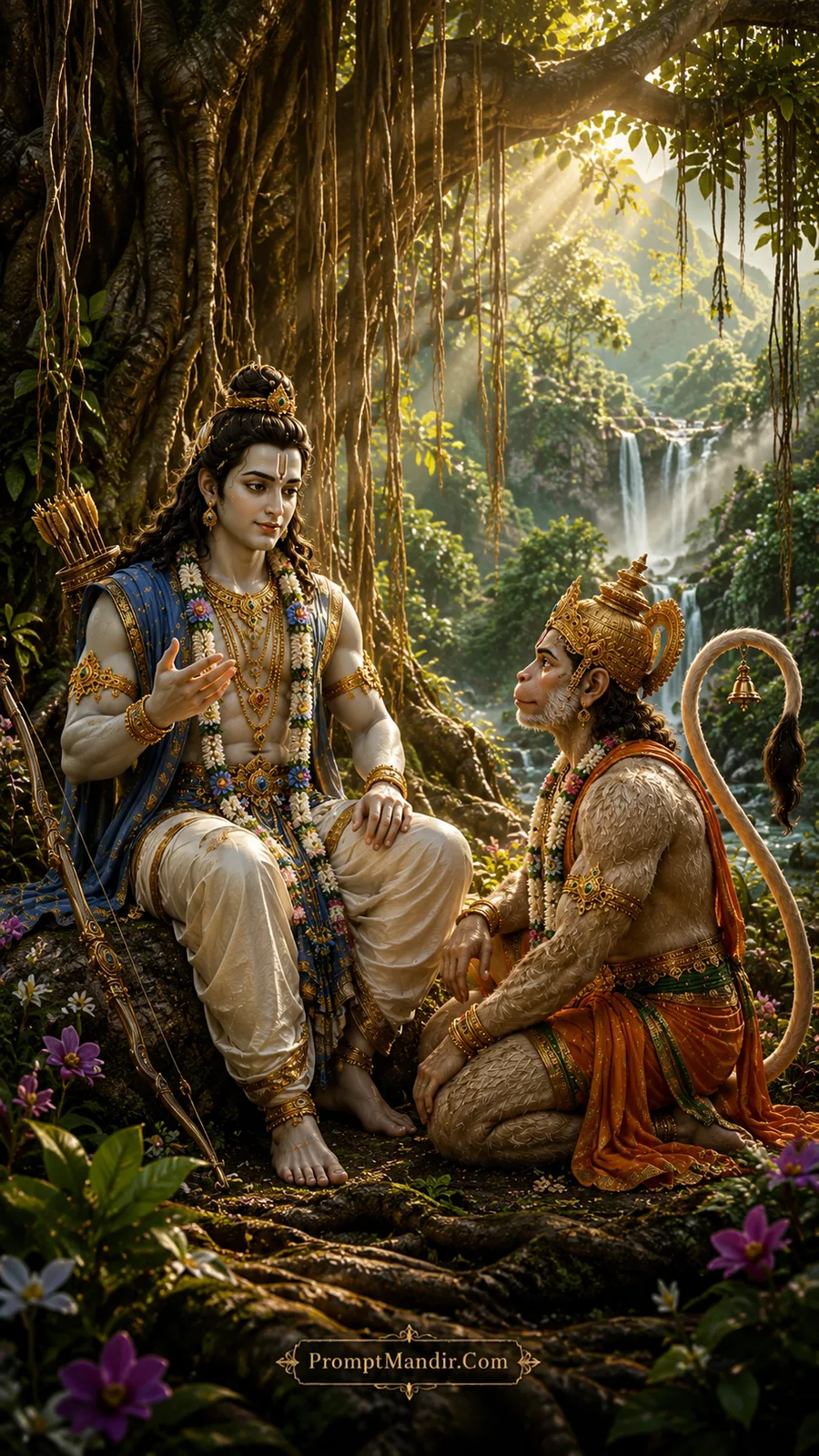 Lord Rama sitting and guiding Hanuman under an ancient banyan tree with hanging roots and a waterfall in the background