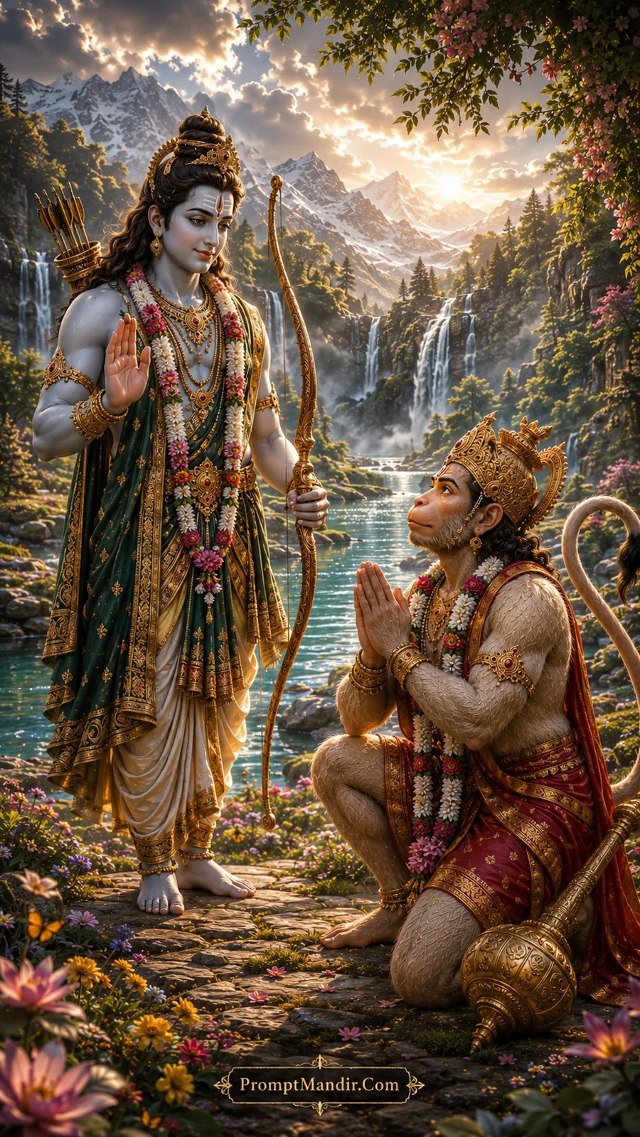 Lord Rama standing and blessing a kneeling Hanuman near a river with snow mountains and a waterfall in the background